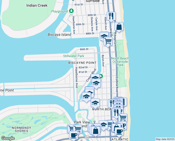 map of restaurants, bars, coffee shops, grocery stores, and more near 743 82nd Street in Miami Beach