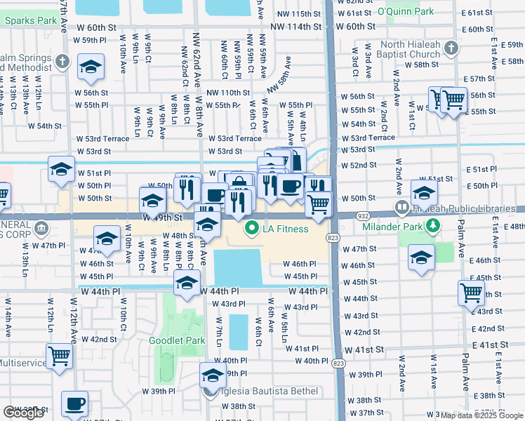 map of restaurants, bars, coffee shops, grocery stores, and more near 611 West 50th Street in Hialeah