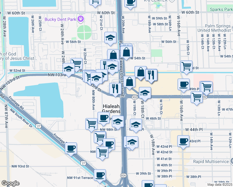 map of restaurants, bars, coffee shops, grocery stores, and more near in Hialeah Gardens