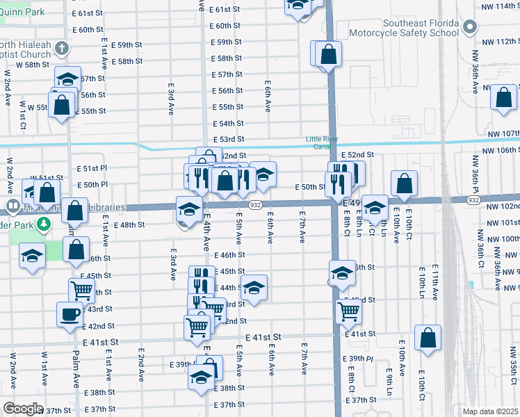 map of restaurants, bars, coffee shops, grocery stores, and more near 585 East 49th Street in Hialeah