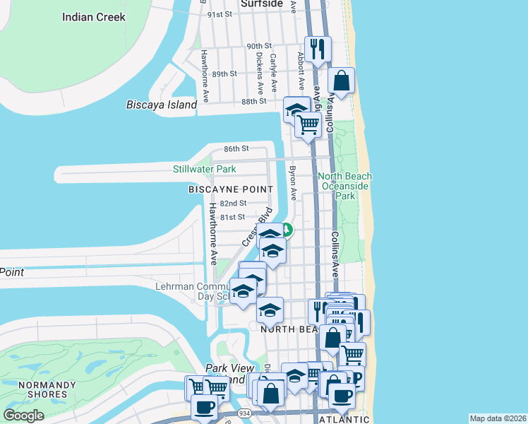 map of restaurants, bars, coffee shops, grocery stores, and more near 626 82nd Street in Miami Beach