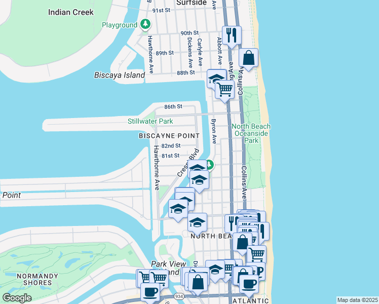 map of restaurants, bars, coffee shops, grocery stores, and more near 626 82nd Street in Miami Beach