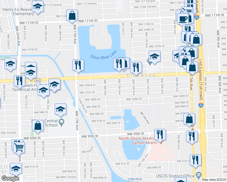 map of restaurants, bars, coffee shops, grocery stores, and more near 1371 Northwest 101st Street in Miami