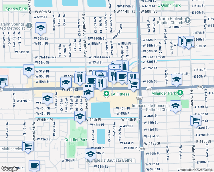 map of restaurants, bars, coffee shops, grocery stores, and more near 611 West 50th Street in Hialeah