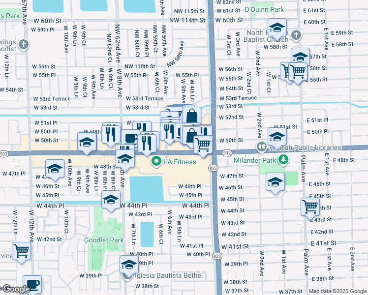 map of restaurants, bars, coffee shops, grocery stores, and more near 583 West 49th Street in Hialeah