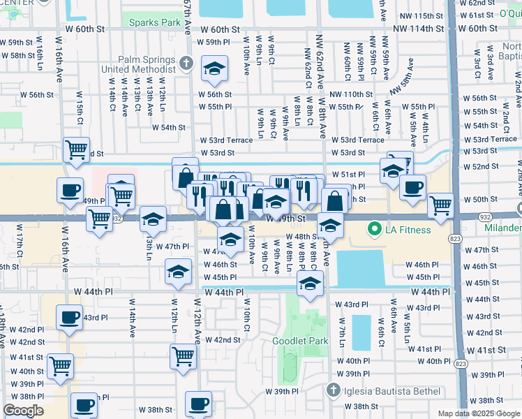 map of restaurants, bars, coffee shops, grocery stores, and more near 975 West 49th Street in Hialeah