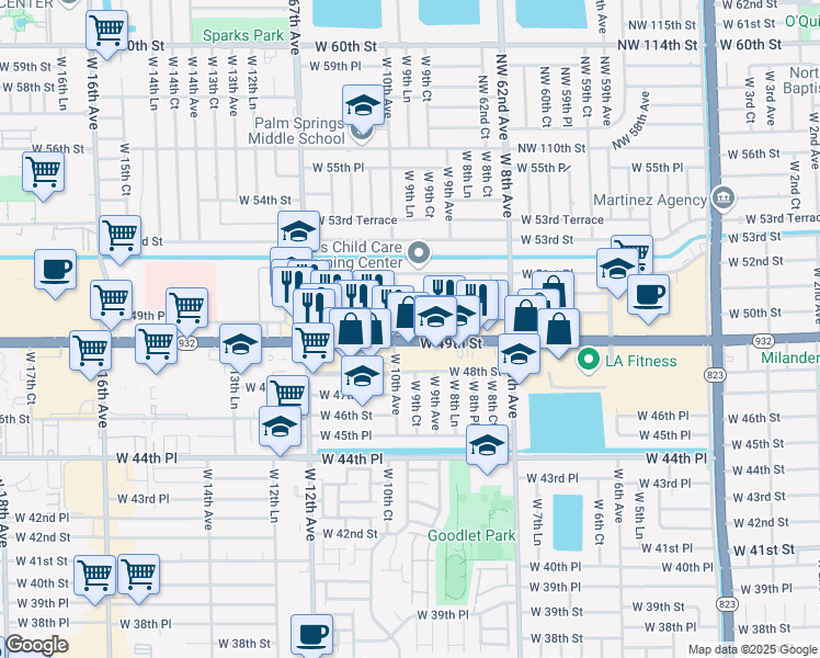 map of restaurants, bars, coffee shops, grocery stores, and more near 975 West 49th Street in Hialeah
