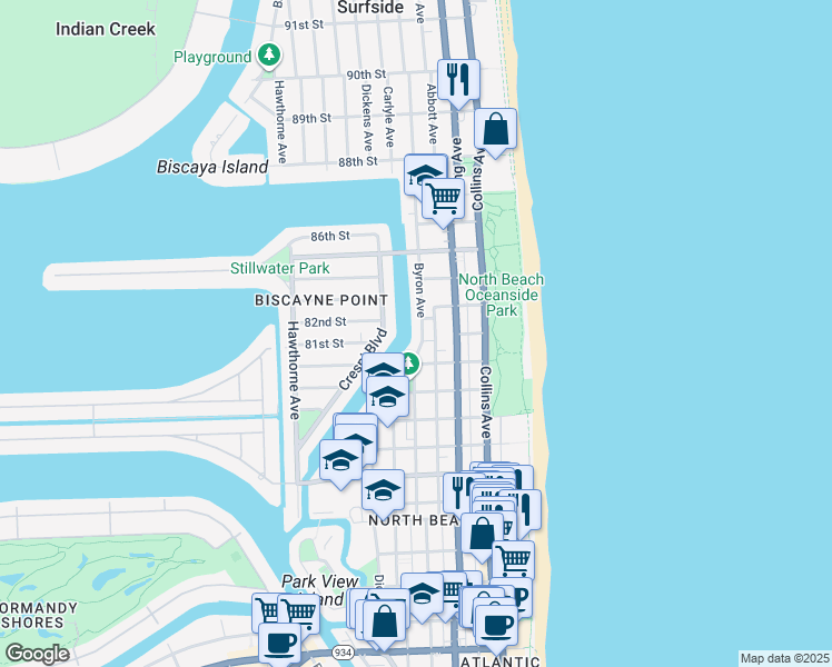 map of restaurants, bars, coffee shops, grocery stores, and more near 8240 Byron Avenue in Miami Beach