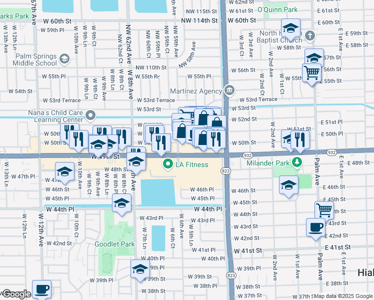 map of restaurants, bars, coffee shops, grocery stores, and more near 581 West 49th Street in Hialeah