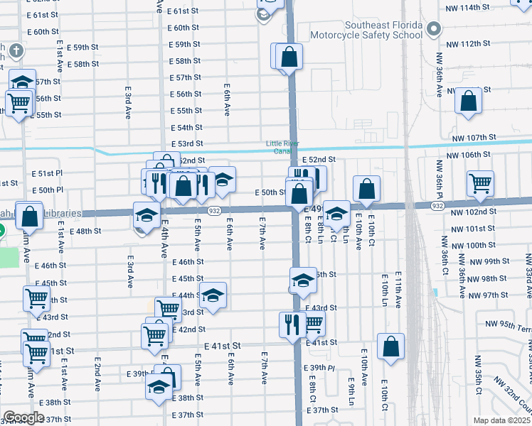 map of restaurants, bars, coffee shops, grocery stores, and more near 755 East 49th Street in Hialeah