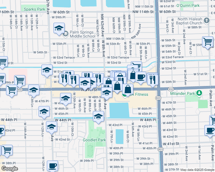 map of restaurants, bars, coffee shops, grocery stores, and more near 775 West 49th Street in Hialeah