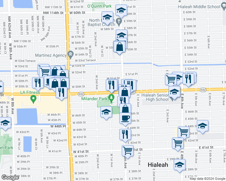 map of restaurants, bars, coffee shops, grocery stores, and more near 90 West 50th Street in Hialeah