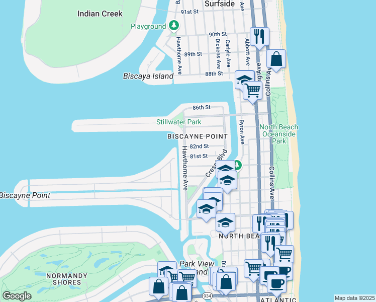 map of restaurants, bars, coffee shops, grocery stores, and more near in Miami Beach