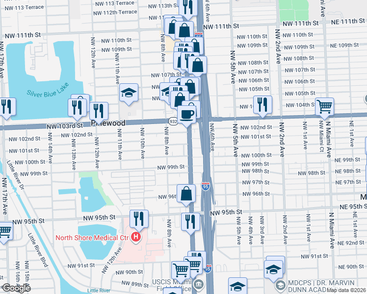 map of restaurants, bars, coffee shops, grocery stores, and more near 751 Northwest 101st Street in Miami