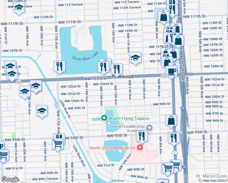 map of restaurants, bars, coffee shops, grocery stores, and more near 1211 Northwest 101st Street in Miami