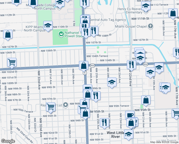 map of restaurants, bars, coffee shops, grocery stores, and more near 10219 Northwest 26th Avenue in Miami