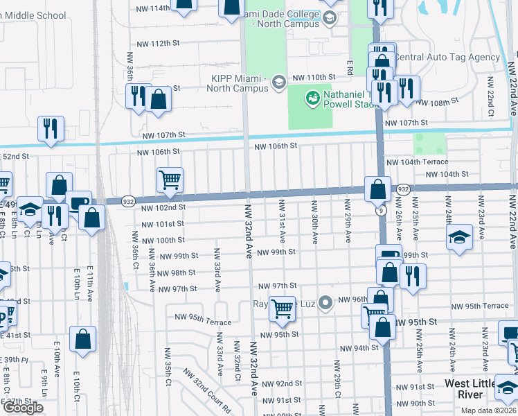 map of restaurants, bars, coffee shops, grocery stores, and more near 3161 Northwest 102nd Street in Miami