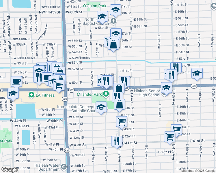 map of restaurants, bars, coffee shops, grocery stores, and more near 90 West 50th Street in Hialeah