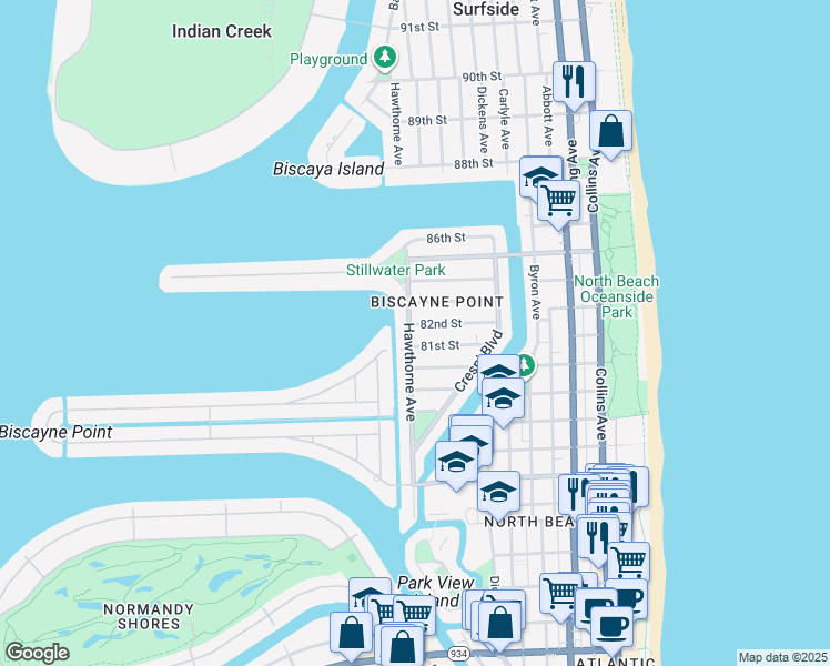 map of restaurants, bars, coffee shops, grocery stores, and more near 8125 Hawthorne Avenue in Miami Beach