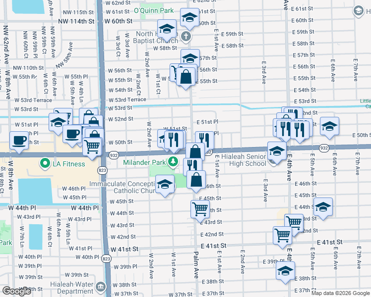 map of restaurants, bars, coffee shops, grocery stores, and more near 4982 Palm Avenue in Hialeah