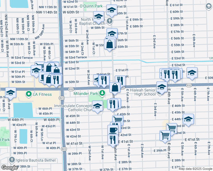 map of restaurants, bars, coffee shops, grocery stores, and more near 90 West 50th Street in Hialeah