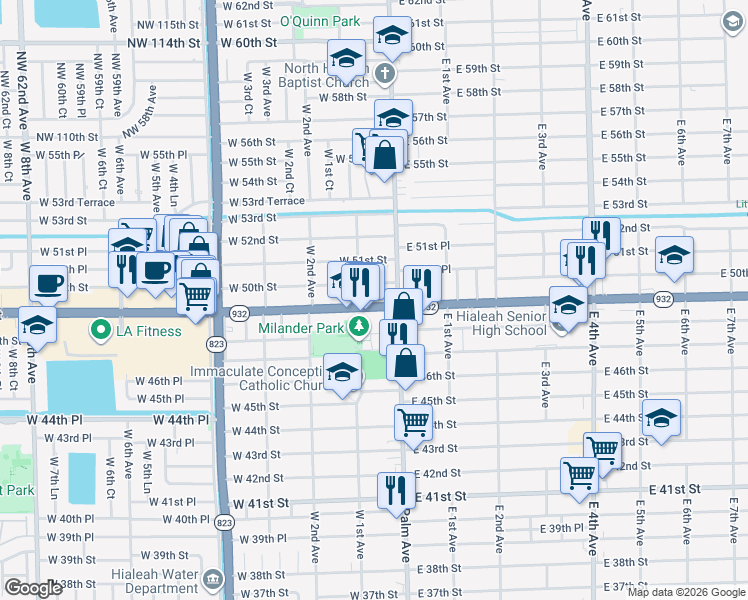 map of restaurants, bars, coffee shops, grocery stores, and more near 90 West 50th Street in Hialeah