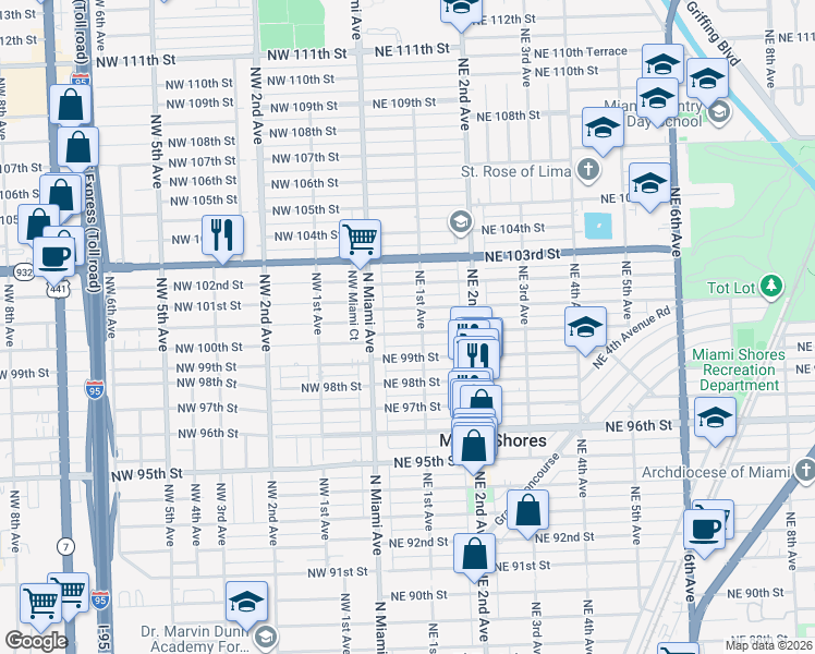 map of restaurants, bars, coffee shops, grocery stores, and more near 77 Northeast 100th Street in Miami Shores