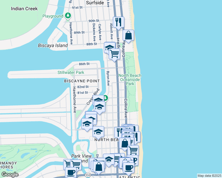 map of restaurants, bars, coffee shops, grocery stores, and more near 8240 Byron Avenue in Miami Beach