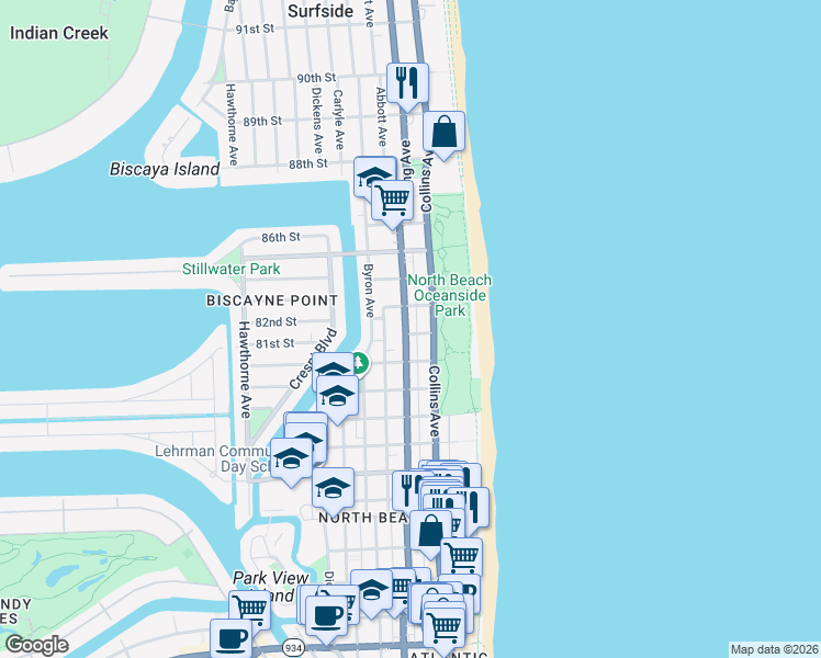 map of restaurants, bars, coffee shops, grocery stores, and more near 8216 Florida A1A in Miami Beach