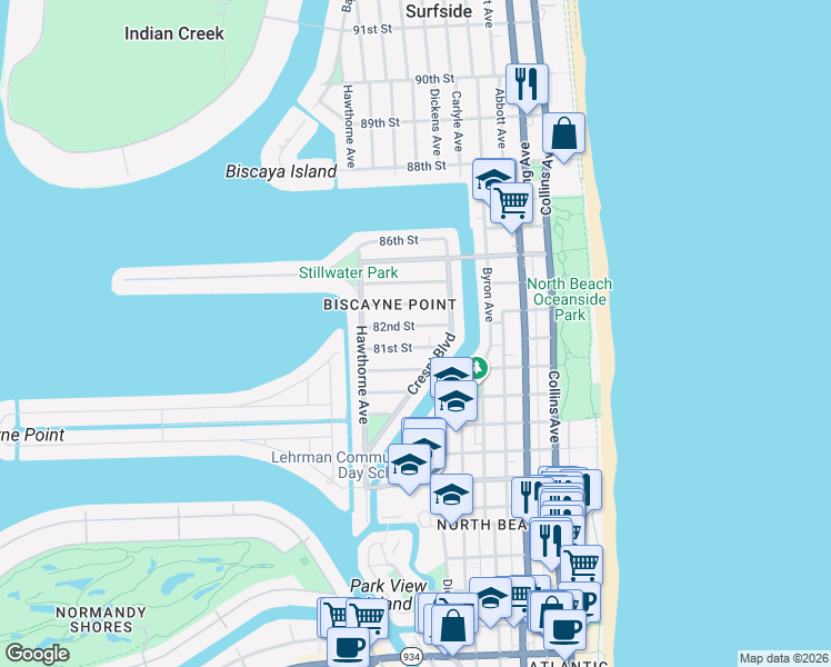 map of restaurants, bars, coffee shops, grocery stores, and more near in Miami Beach
