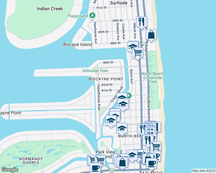 map of restaurants, bars, coffee shops, grocery stores, and more near in Miami Beach