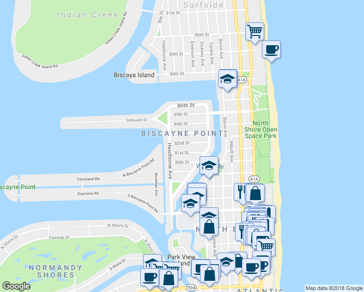 map of restaurants, bars, coffee shops, grocery stores, and more near in Miami Beach
