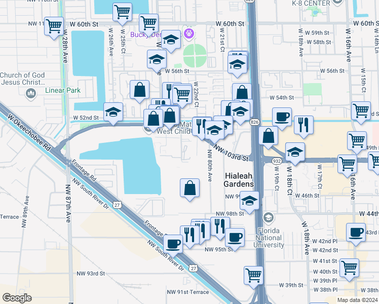 map of restaurants, bars, coffee shops, grocery stores, and more near 15 Northwest 81st Avenue in Hialeah Gardens