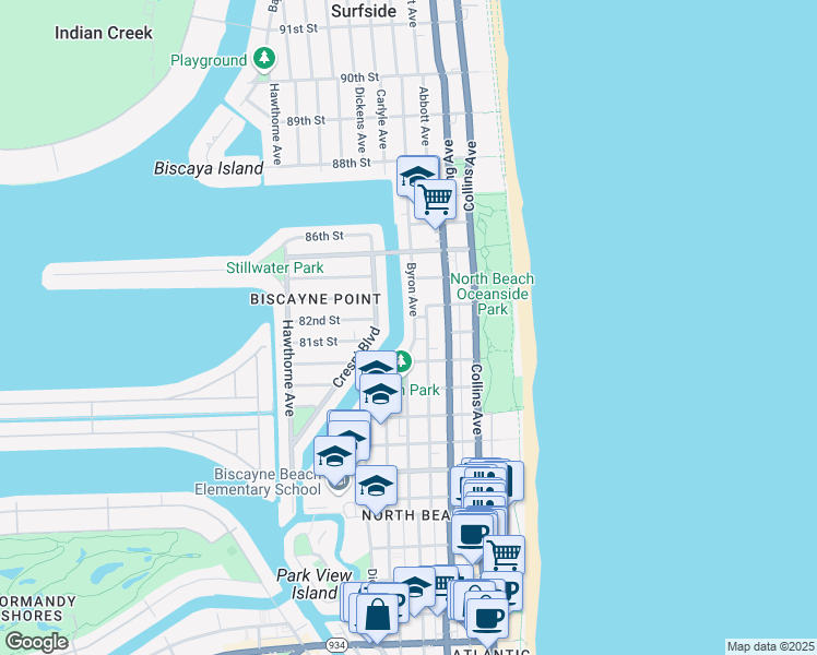 map of restaurants, bars, coffee shops, grocery stores, and more near 8240 Byron Avenue in Miami Beach