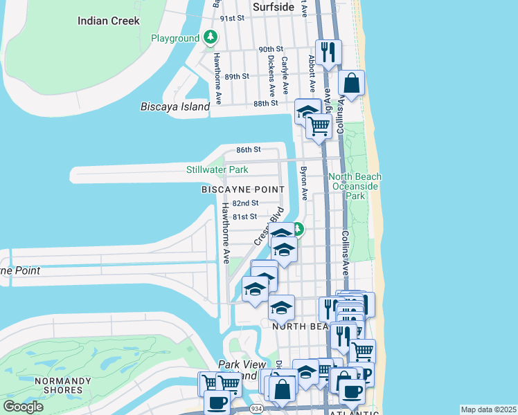 map of restaurants, bars, coffee shops, grocery stores, and more near 743 82nd Street in Miami Beach