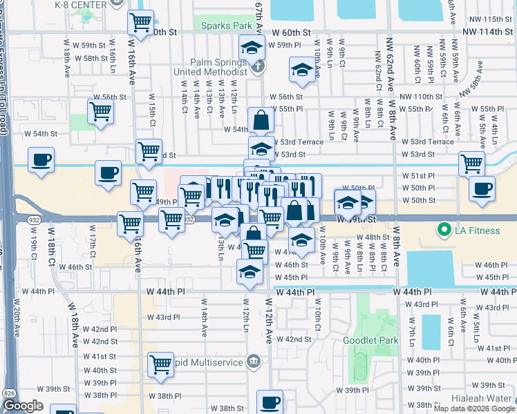 map of restaurants, bars, coffee shops, grocery stores, and more near in Hialeah