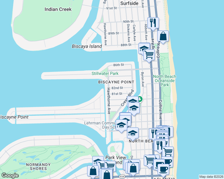 map of restaurants, bars, coffee shops, grocery stores, and more near in Miami Beach