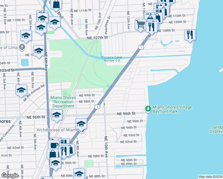 map of restaurants, bars, coffee shops, grocery stores, and more near 9959 U.S. 1 in Miami Shores