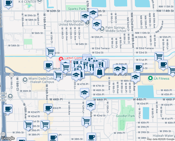 map of restaurants, bars, coffee shops, grocery stores, and more near in Hialeah