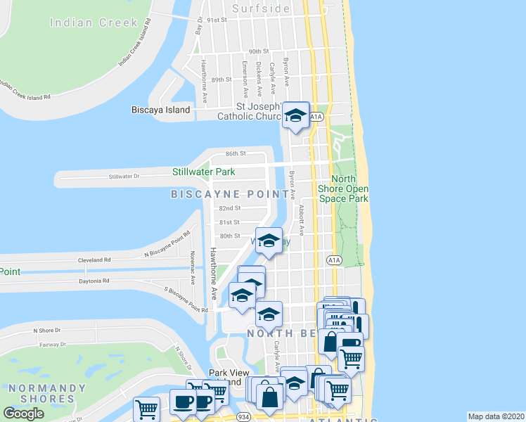 map of restaurants, bars, coffee shops, grocery stores, and more near 620 82nd Street in Miami Beach