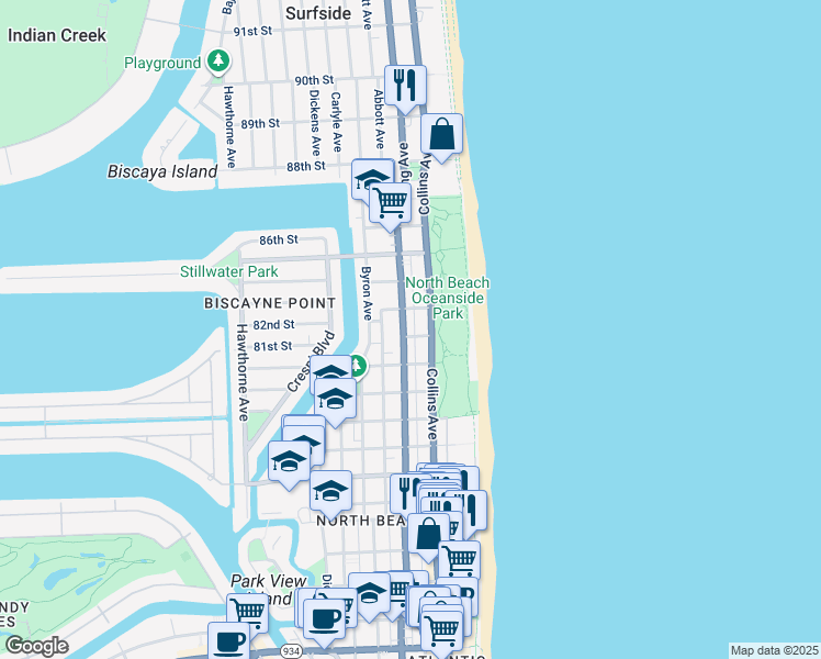 map of restaurants, bars, coffee shops, grocery stores, and more near 8216 Florida A1A in Miami Beach