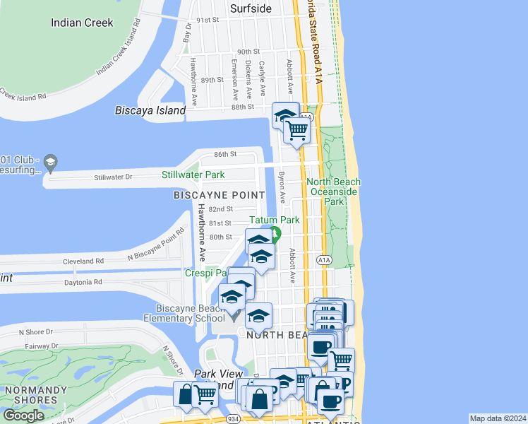 map of restaurants, bars, coffee shops, grocery stores, and more near 626 82nd Street in Miami Beach