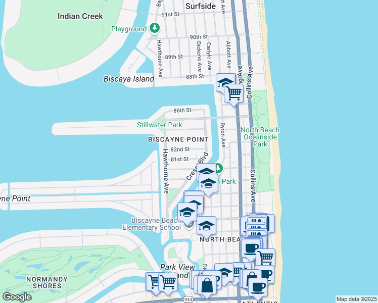 map of restaurants, bars, coffee shops, grocery stores, and more near in Miami Beach