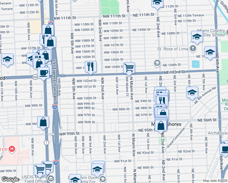 map of restaurants, bars, coffee shops, grocery stores, and more near 125 Northwest 100th Terrace in Miami Shores