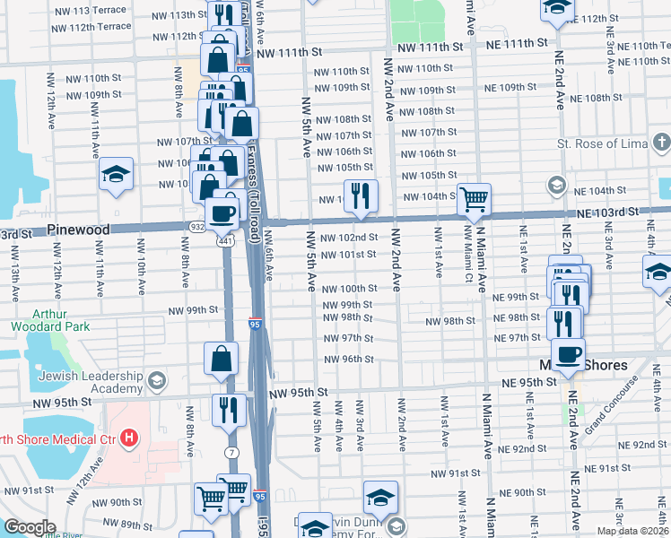 map of restaurants, bars, coffee shops, grocery stores, and more near 413 Northwest 100th Terrace in Miami