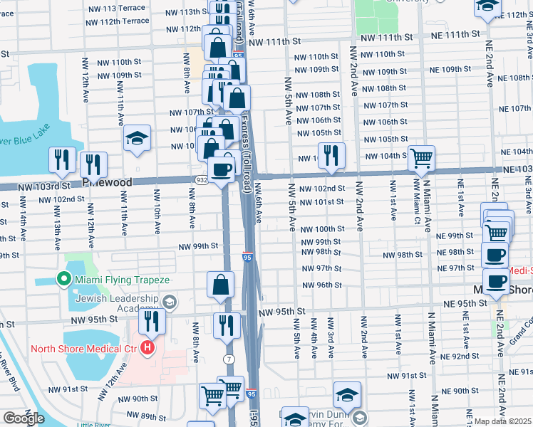 map of restaurants, bars, coffee shops, grocery stores, and more near 596 Northwest 101st Street in Miami
