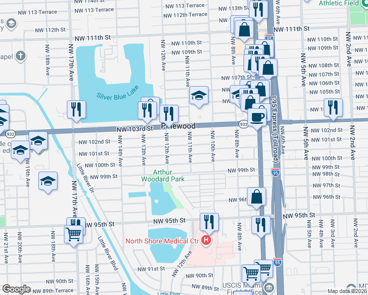 map of restaurants, bars, coffee shops, grocery stores, and more near 1149 Northwest 101st Street in Miami