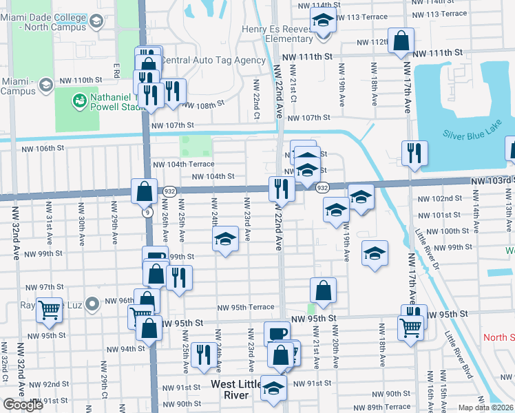 map of restaurants, bars, coffee shops, grocery stores, and more near 2238 Northwest 102nd Street in Miami