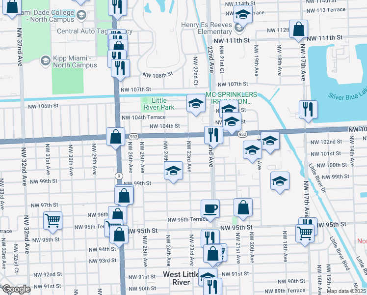 map of restaurants, bars, coffee shops, grocery stores, and more near 2306A Northwest 102nd Street in Miami