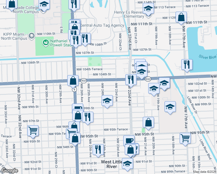 map of restaurants, bars, coffee shops, grocery stores, and more near 2382 Northwest 102nd Street in Miami